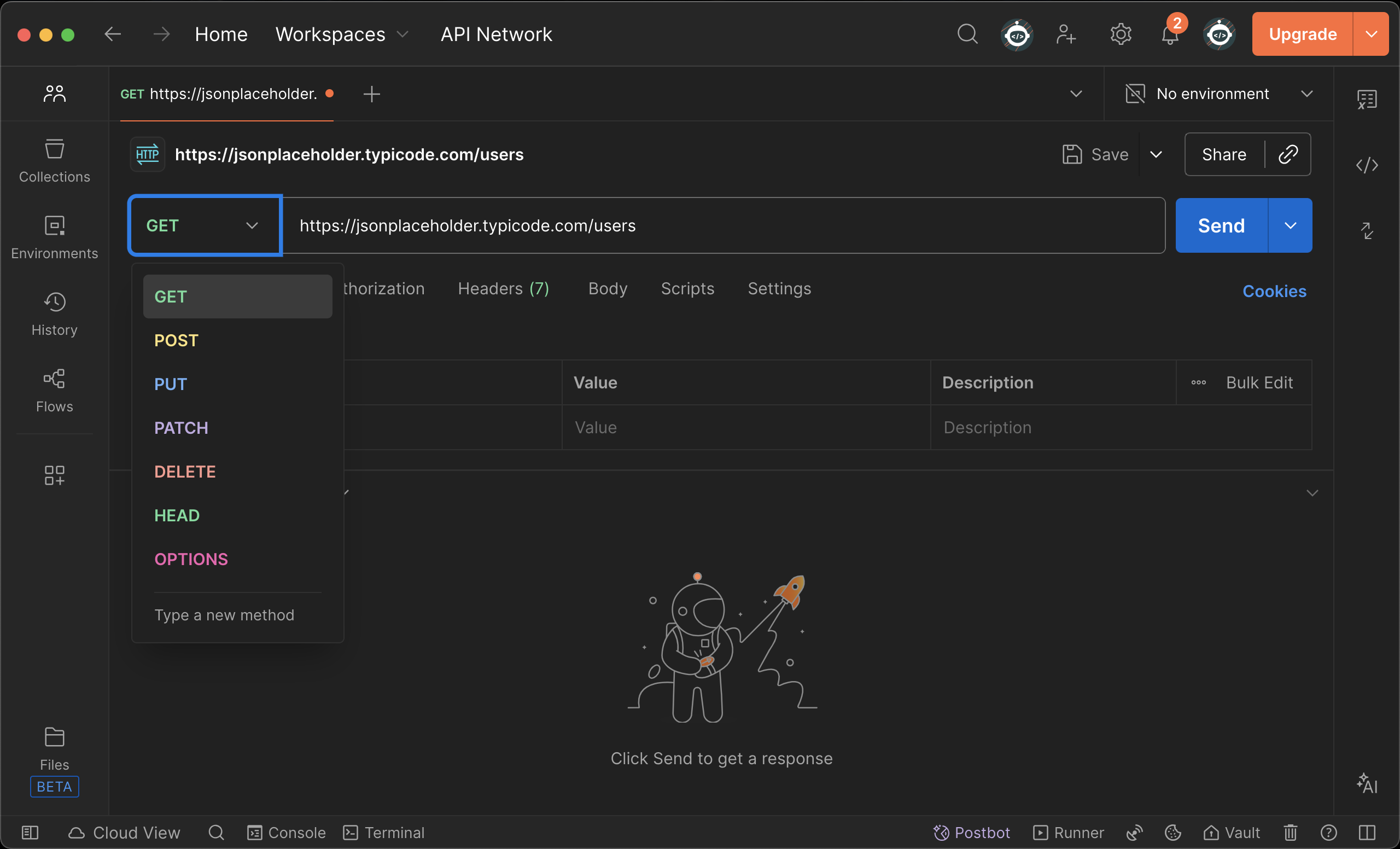 Postman URL and method selection